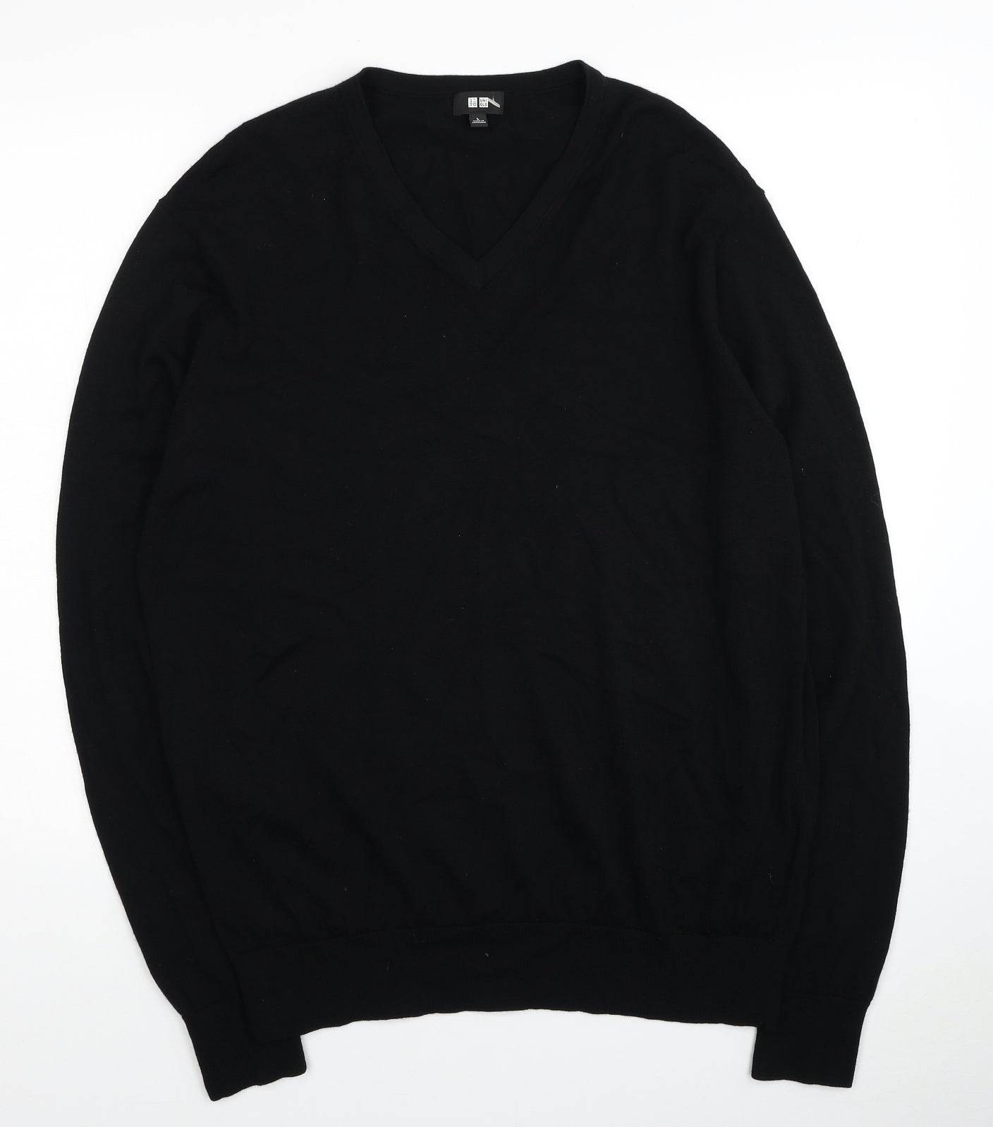 Uniqlo Mens Black V-Neck Wool Pullover Jumper Size L
