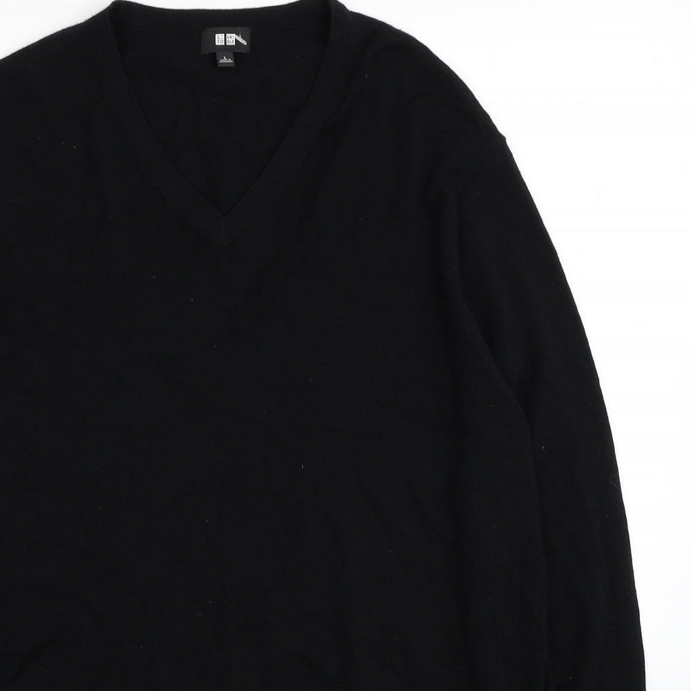 Uniqlo Mens Black V-Neck Wool Pullover Jumper Size L