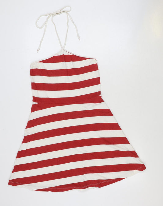 Front view of ASOS women’s red striped 100% cotton mini, size UK 12, halter pullover