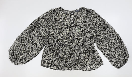 Front view of Primark women’s multicoloured animal print polyester basic blouse, size UK 12, round neck - leopard print