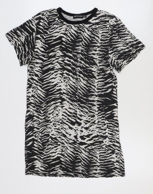 Front view of PRETTYLITTLETHING women’s multicoloured animal print viscose t-shirt dress, round neck pullover - zebra pattern