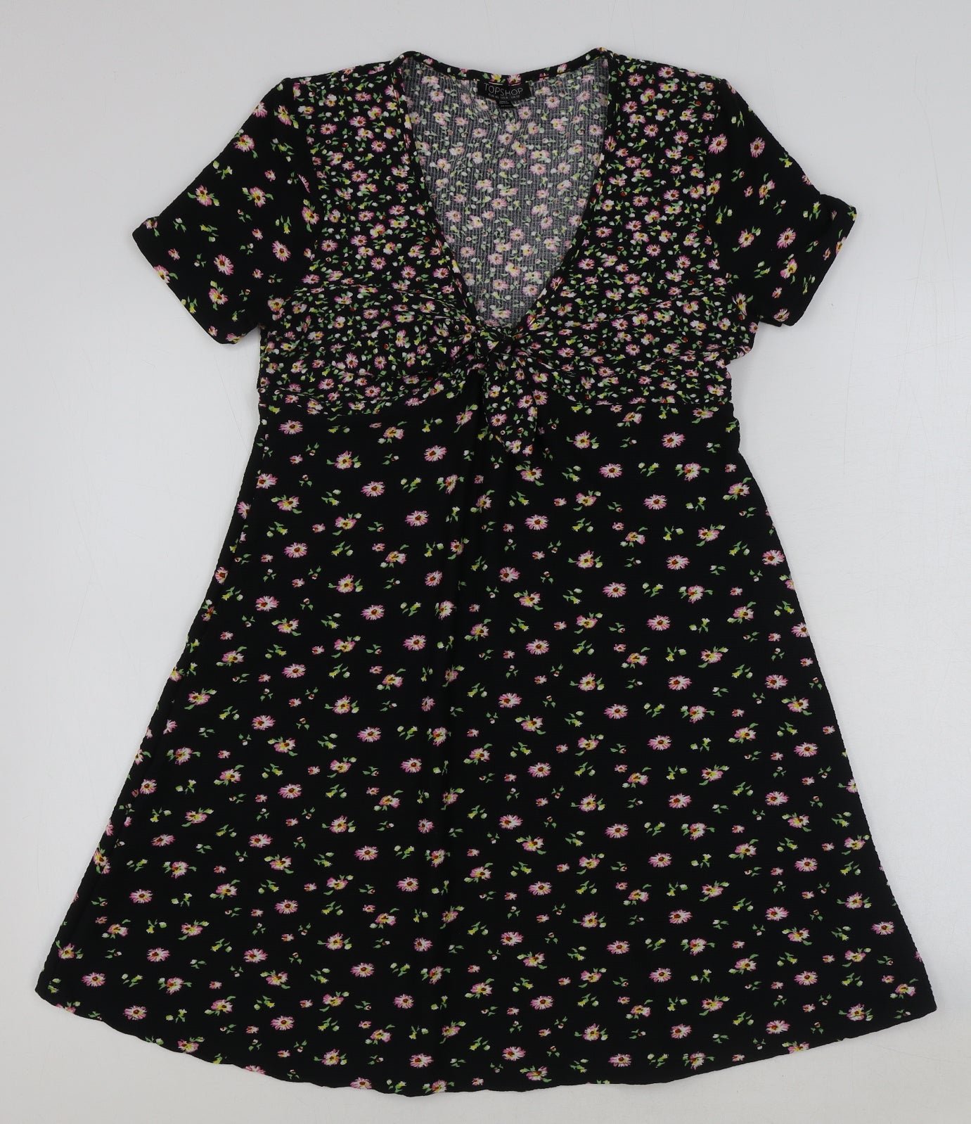Topshop Womens Black Floral Polyester A-Line Size 12 V-Neck Pullover