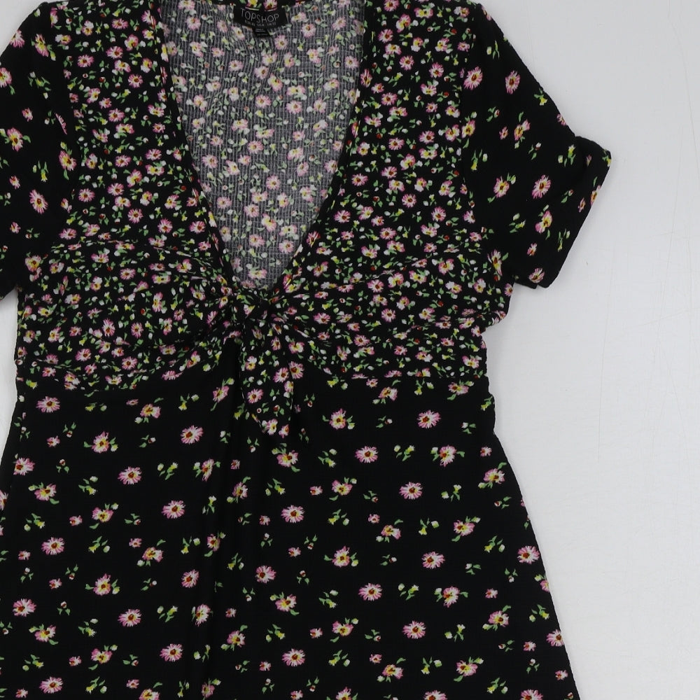 Topshop Womens Black Floral Polyester A-Line Size 12 V-Neck Pullover