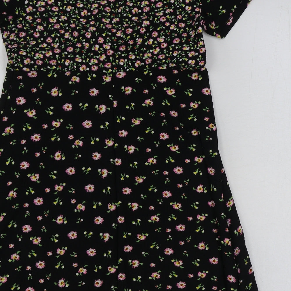 Topshop Womens Black Floral Polyester A-Line Size 12 V-Neck Pullover
