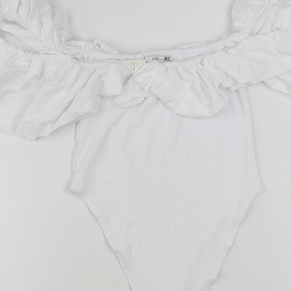 Zara Womens White Cotton Bodysuit One-Piece Size L Snap