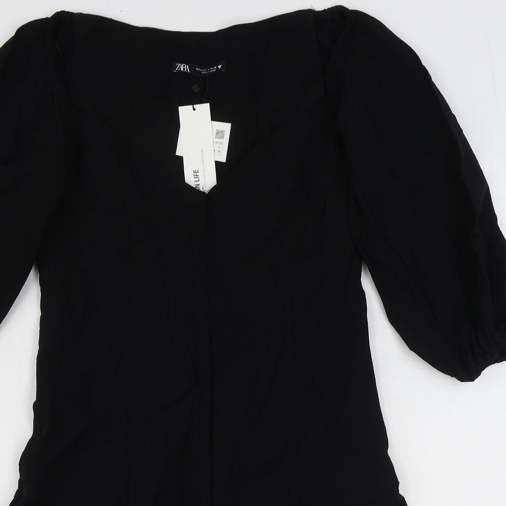 Zara Womens Black 100% Cotton Mini Size M V-Neck