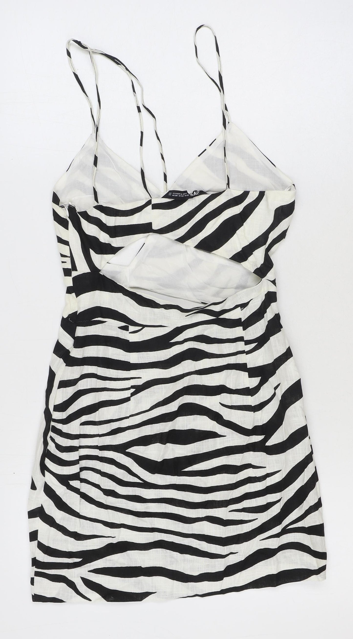 Zara Womens Multicoloured Animal Print Viscose Slip Dress Size XS V-Neck Zip - Zebra Print