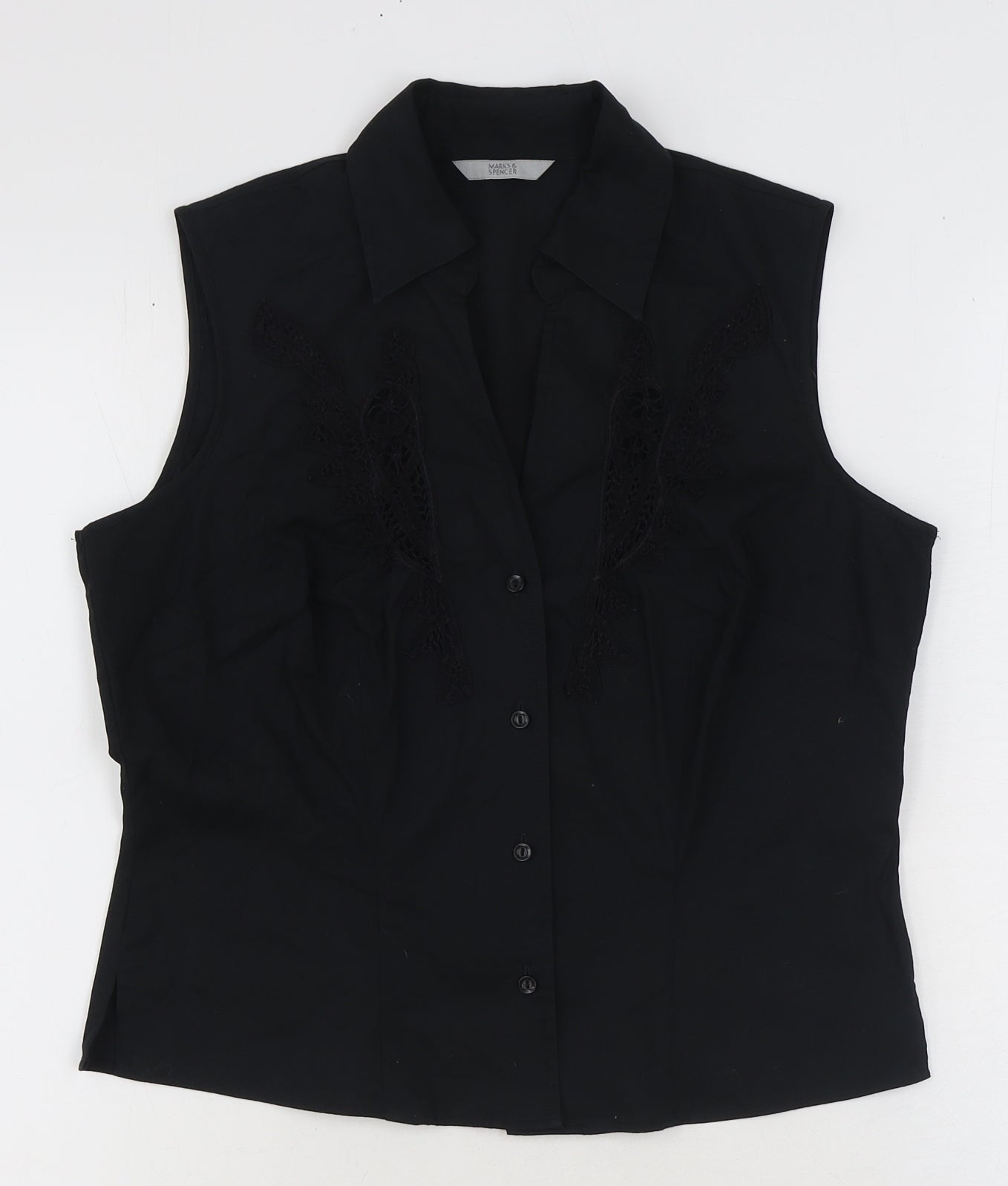 Marks and Spencer Womens Black Cotton Basic Button-Up Size 14 Collared