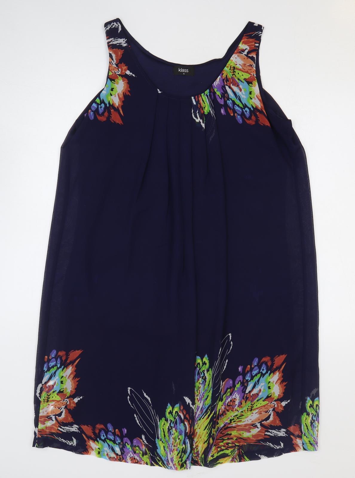 Klass Womens Blue Floral Polyester Shift Size 16 Scoop Neck Pullover