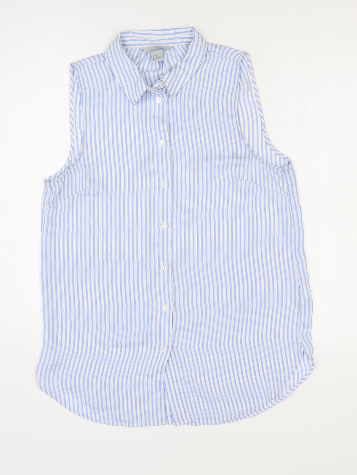 H&M Womens Blue Striped Polyester Basic Button-Up Size 10 Collared