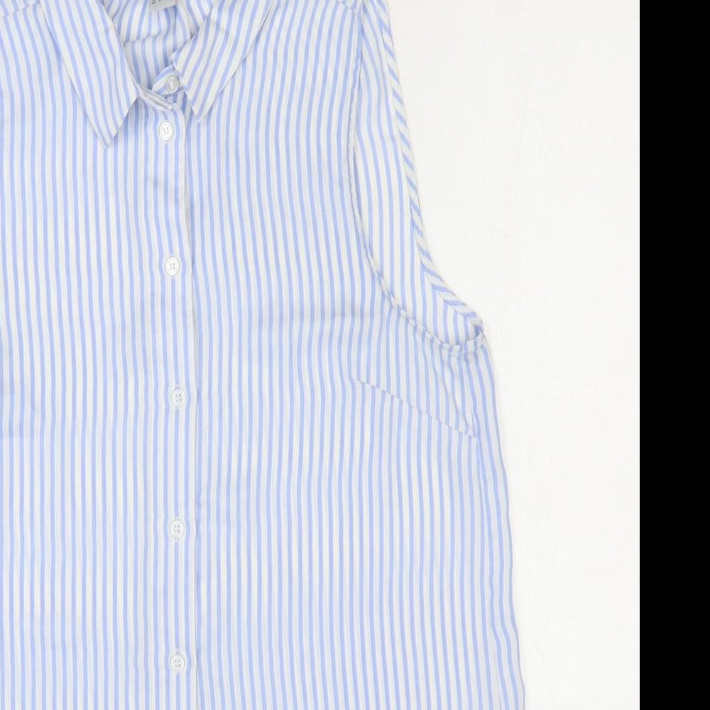 H&M Womens Blue Striped Polyester Basic Button-Up Size 10 Collared