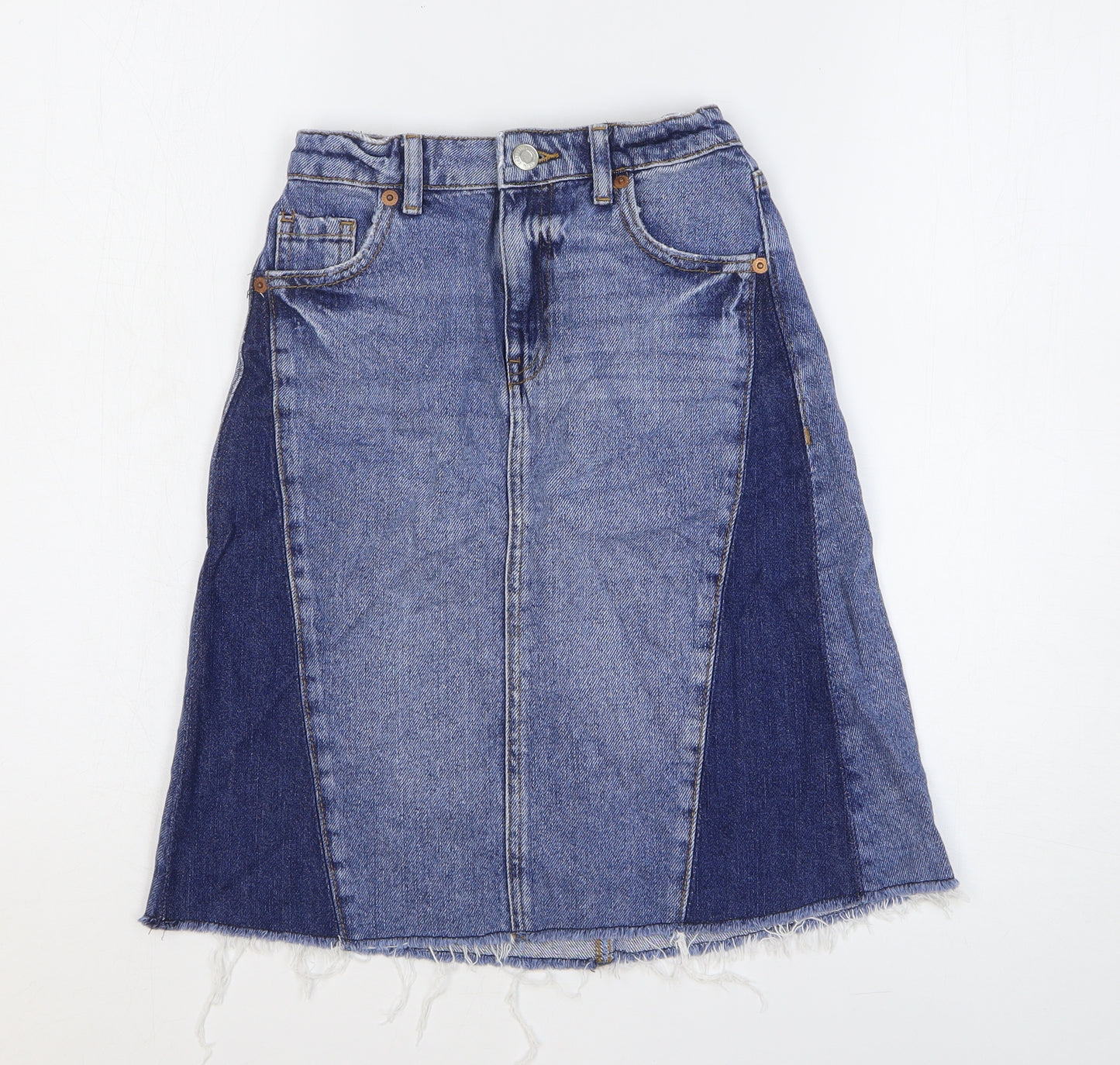 Zara Girls Blue Cotton A-Line Skirt Size 9 Years Regular Zip