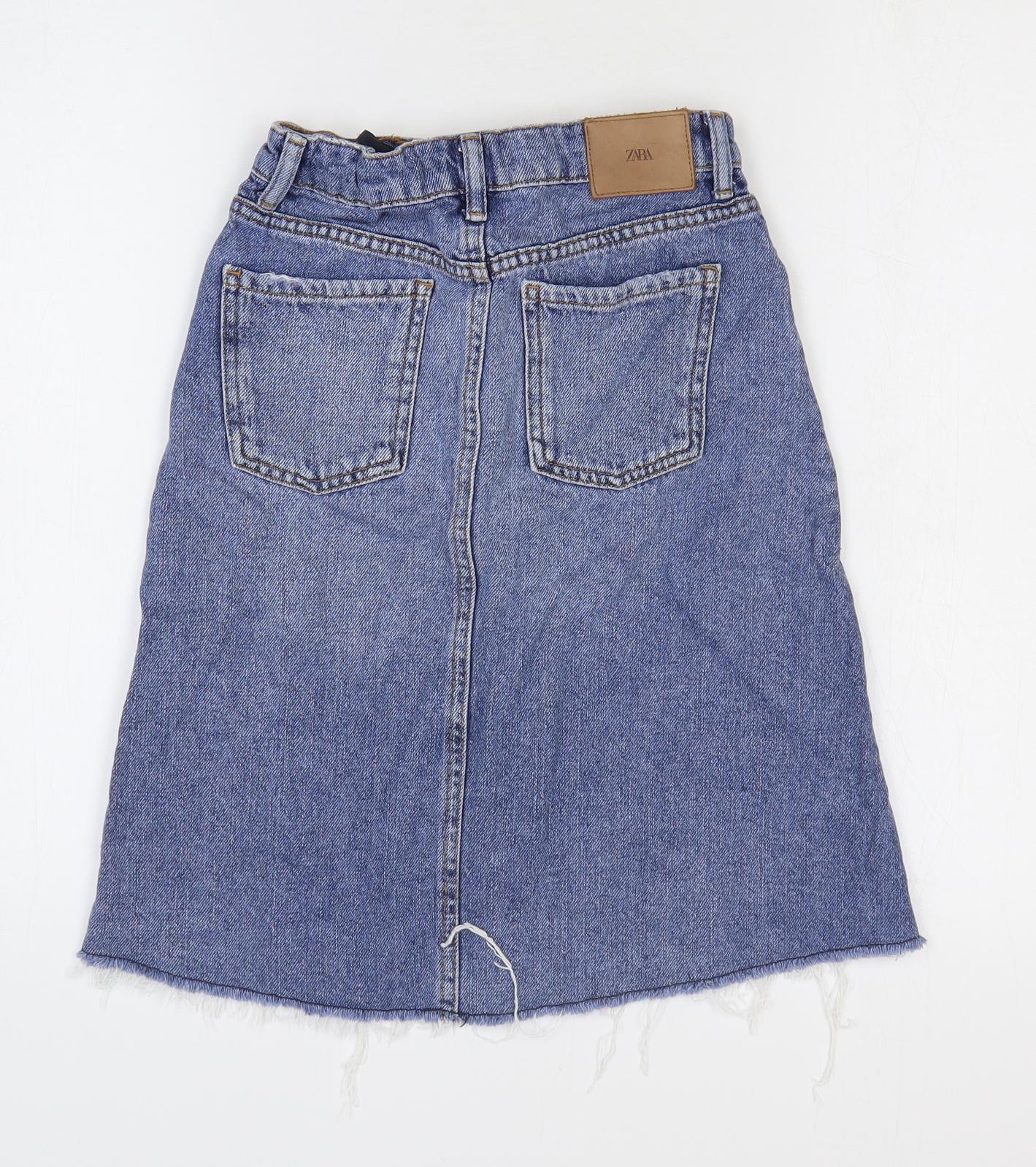 Zara Girls Blue Cotton A-Line Skirt Size 9 Years Regular Zip
