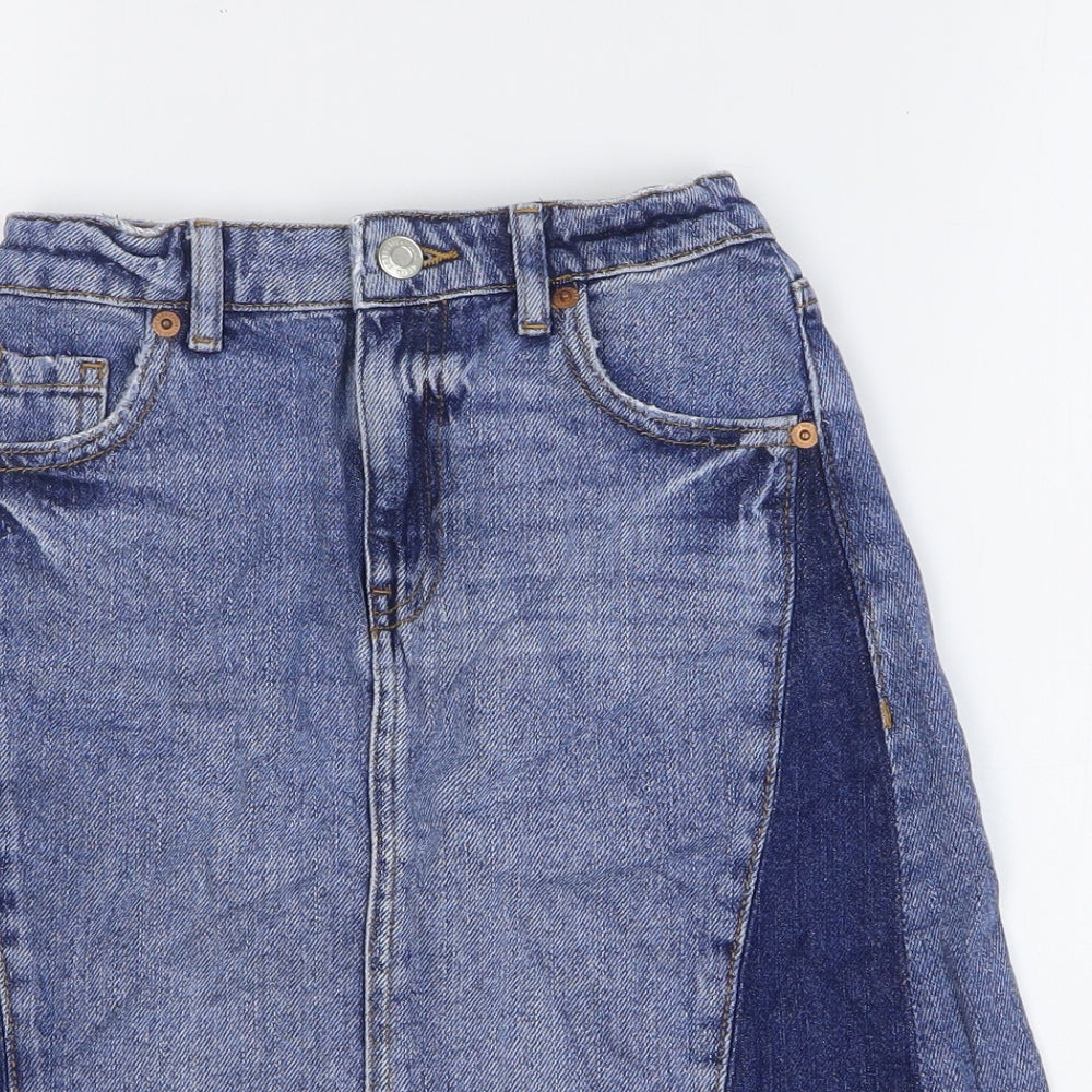 Zara Girls Blue Cotton A-Line Skirt Size 9 Years Regular Zip