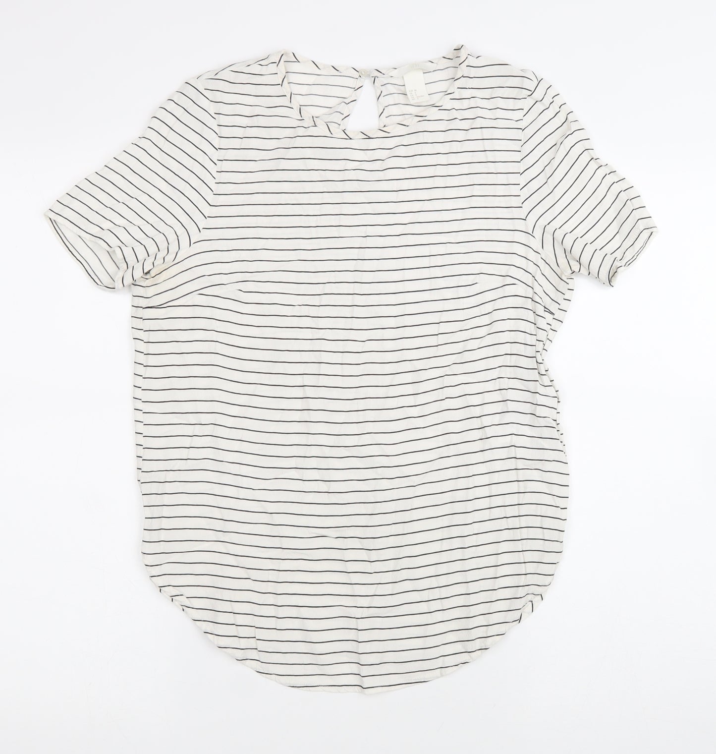H&M Womens White Striped Viscose Basic T-Shirt Size 38 Round Neck