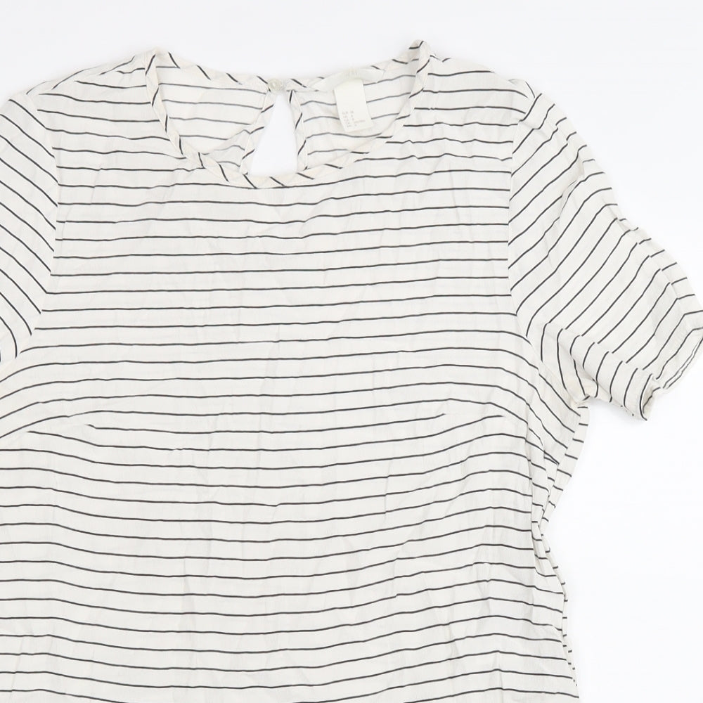 H&M Womens White Striped Viscose Basic T-Shirt Size 38 Round Neck