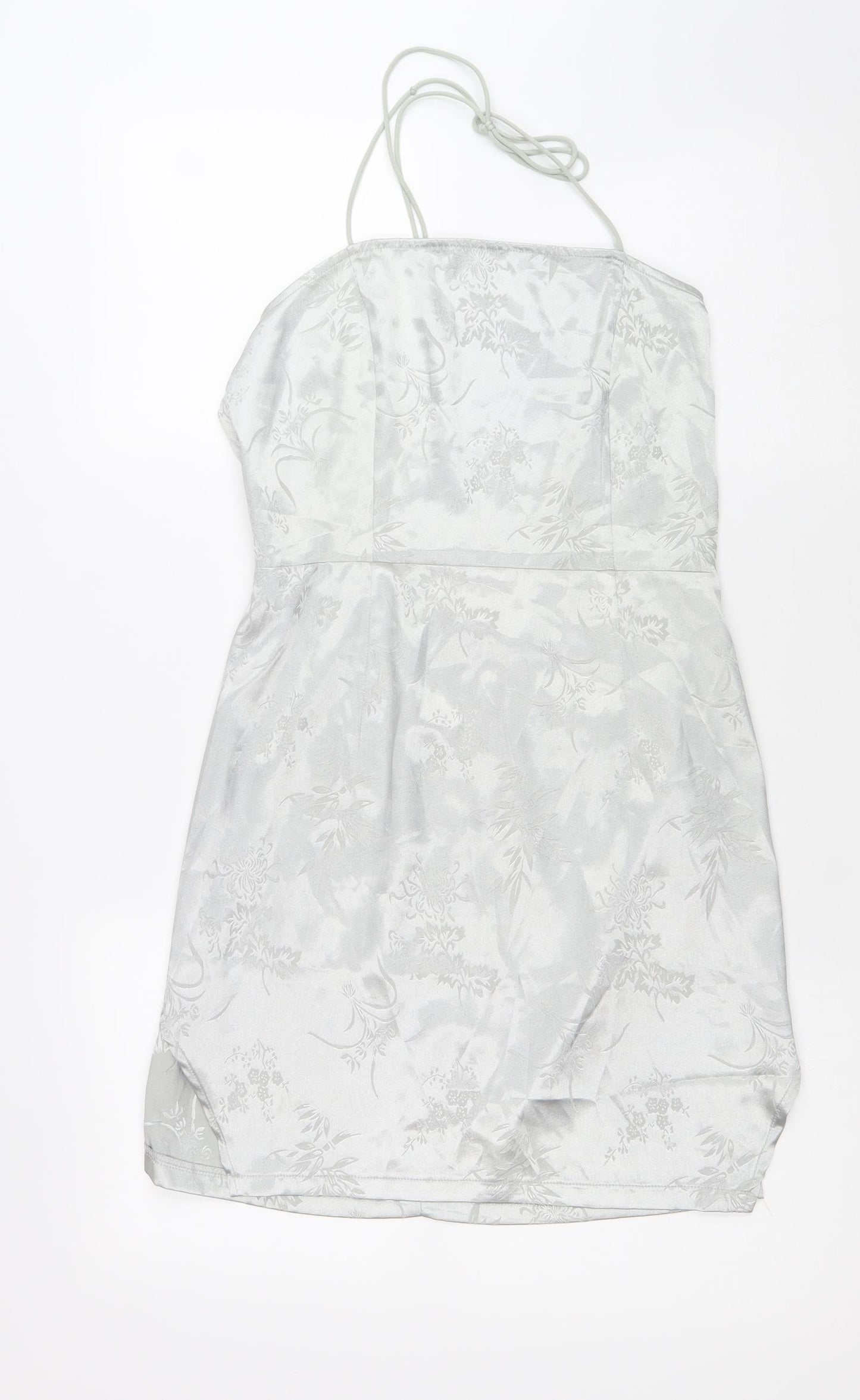 PRETTYLITTLETHING Womens Silver Floral Polyester A-Line Size 10 Halter Lace Up