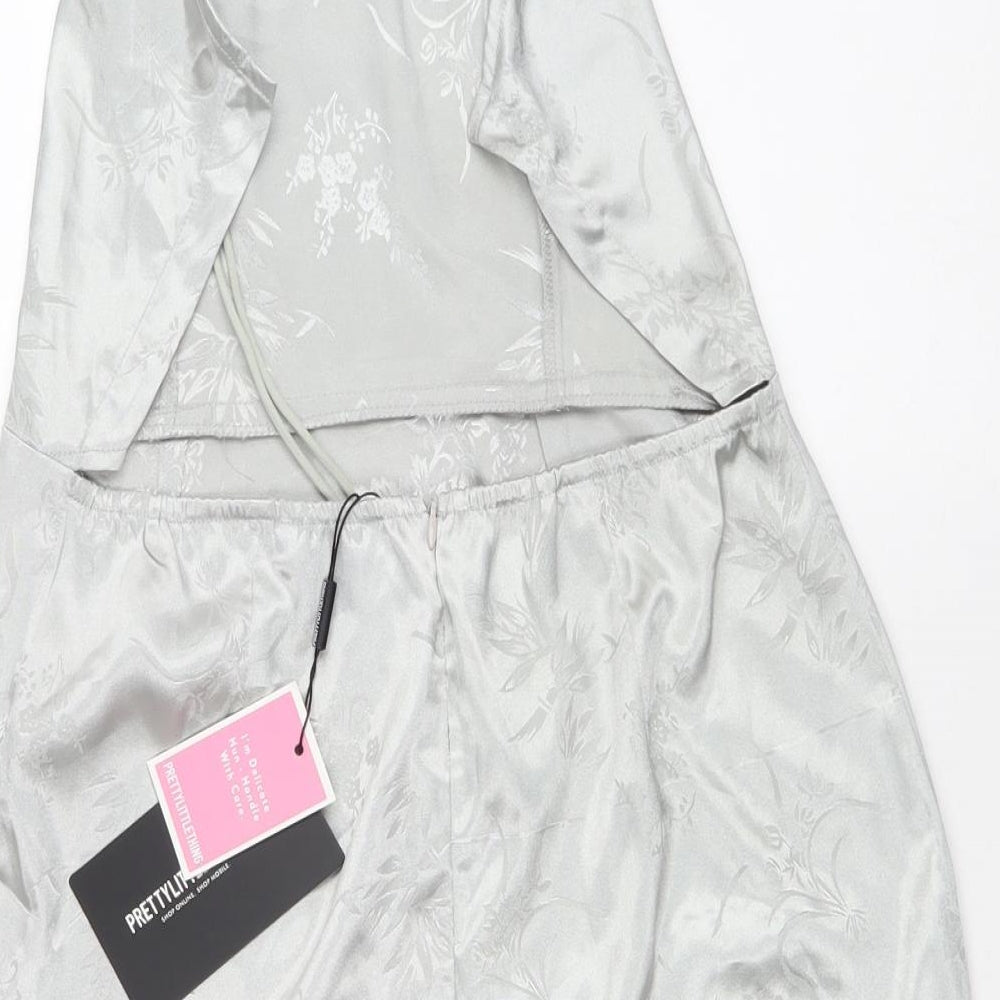 PRETTYLITTLETHING Womens Silver Floral Polyester A-Line Size 10 Halter Lace Up