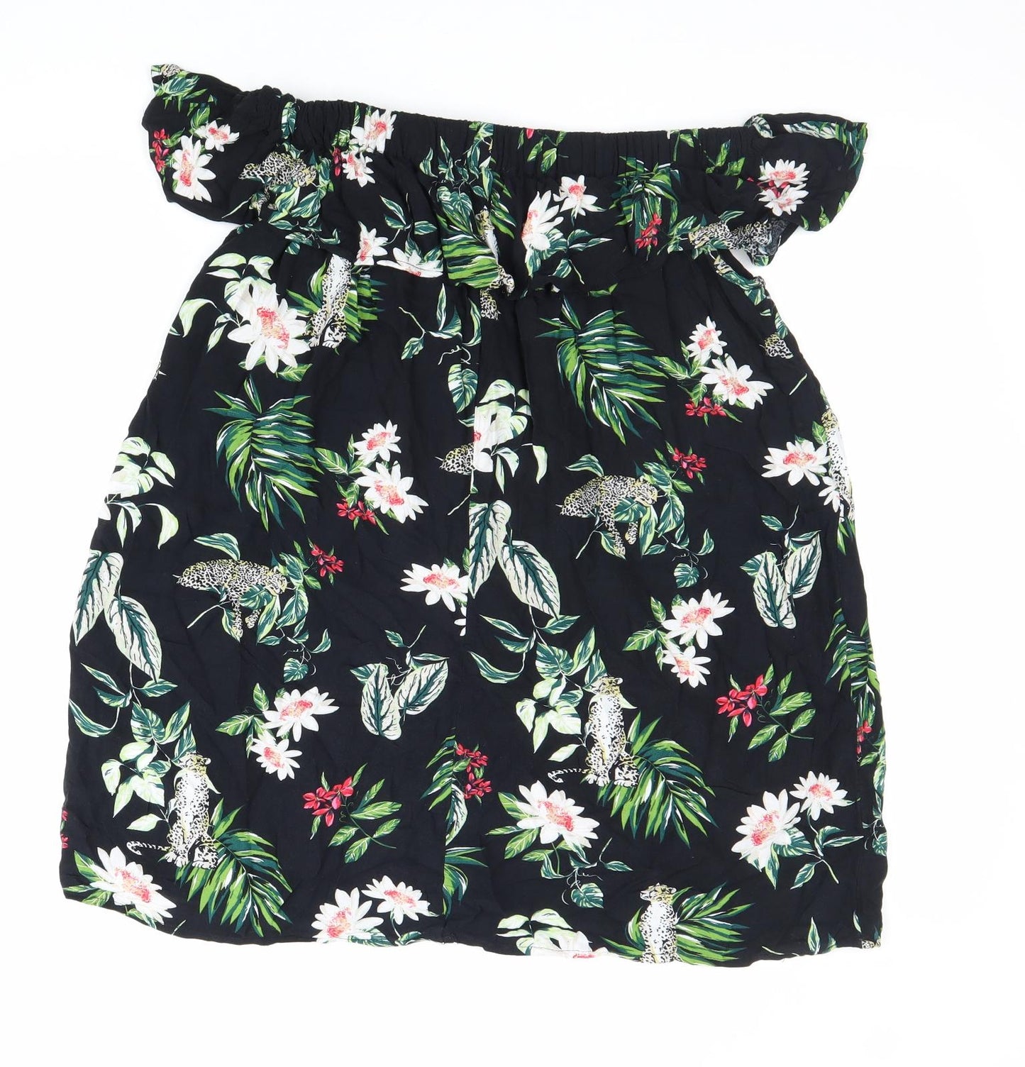Primark Womens Black Floral Viscose Basic Blouse Size 10 Off the Shoulder