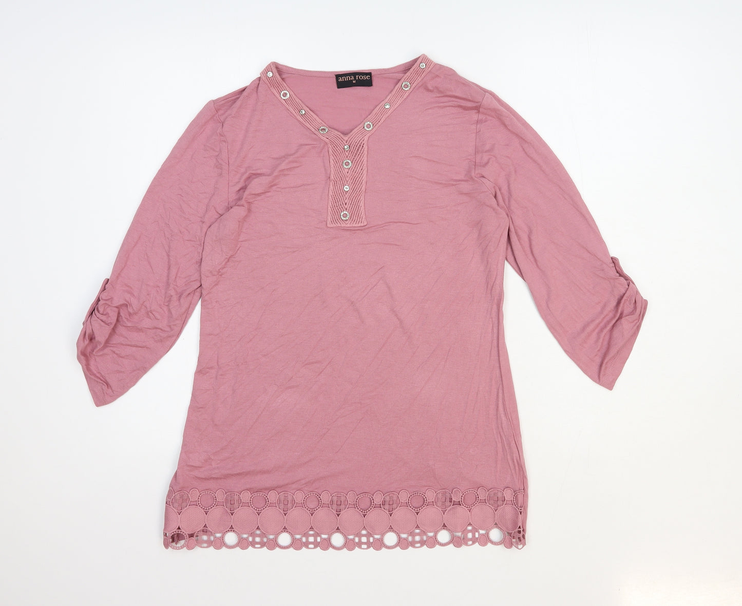 Anna Rose Womens Pink Geometric Viscose Basic Blouse Size 12 V-Neck