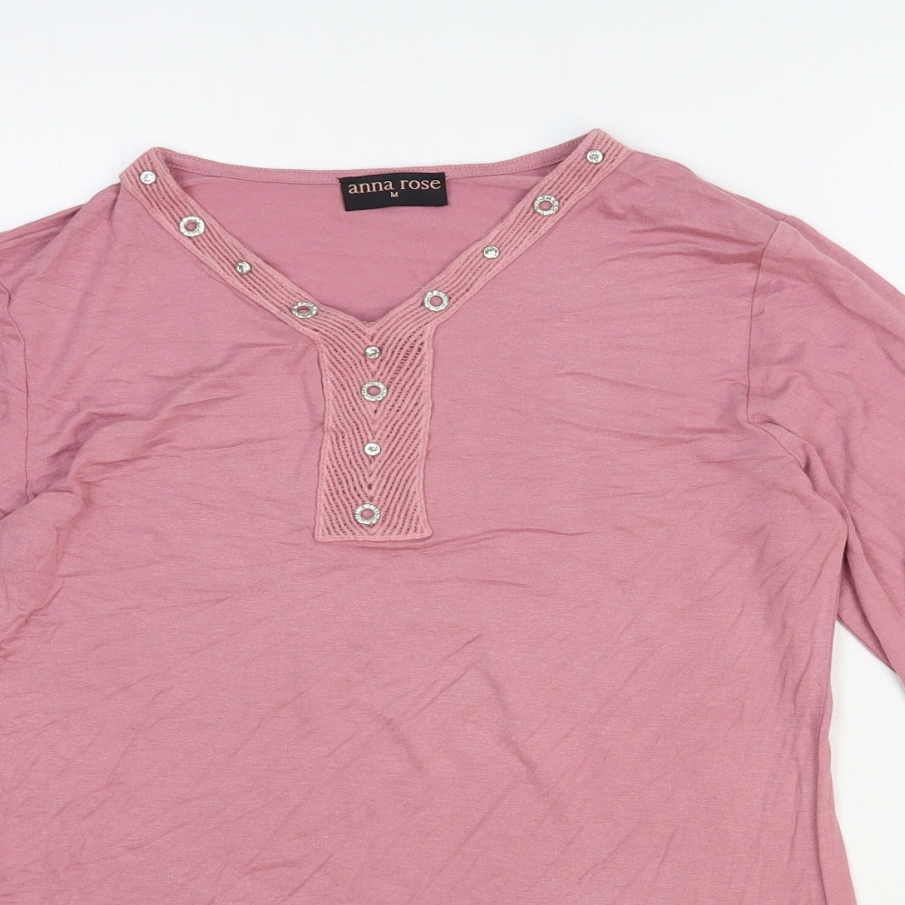 Anna Rose Womens Pink Geometric Viscose Basic Blouse Size 12 V-Neck