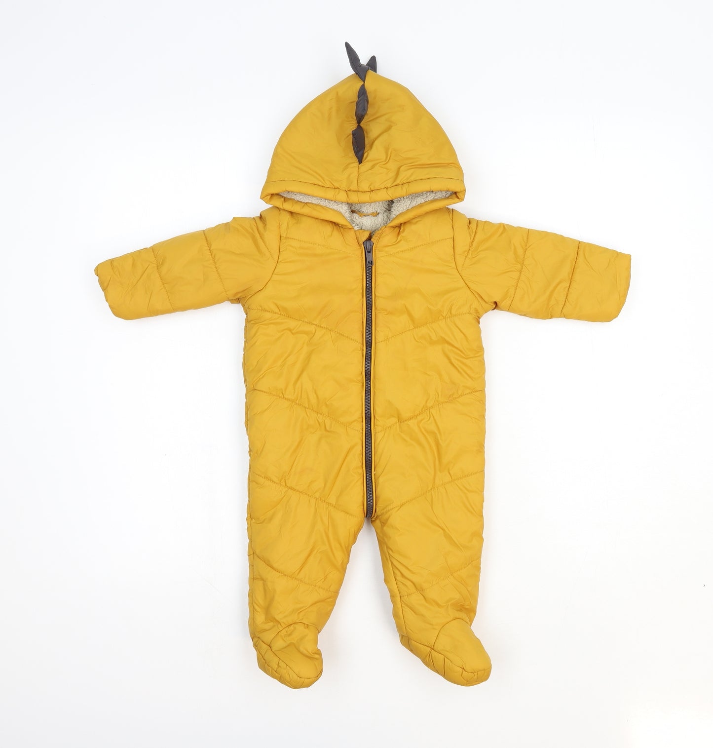 Preworn Boys Yellow Puffer Jacket Snowsuit Size 3-6 Months Zip - Dinosaur