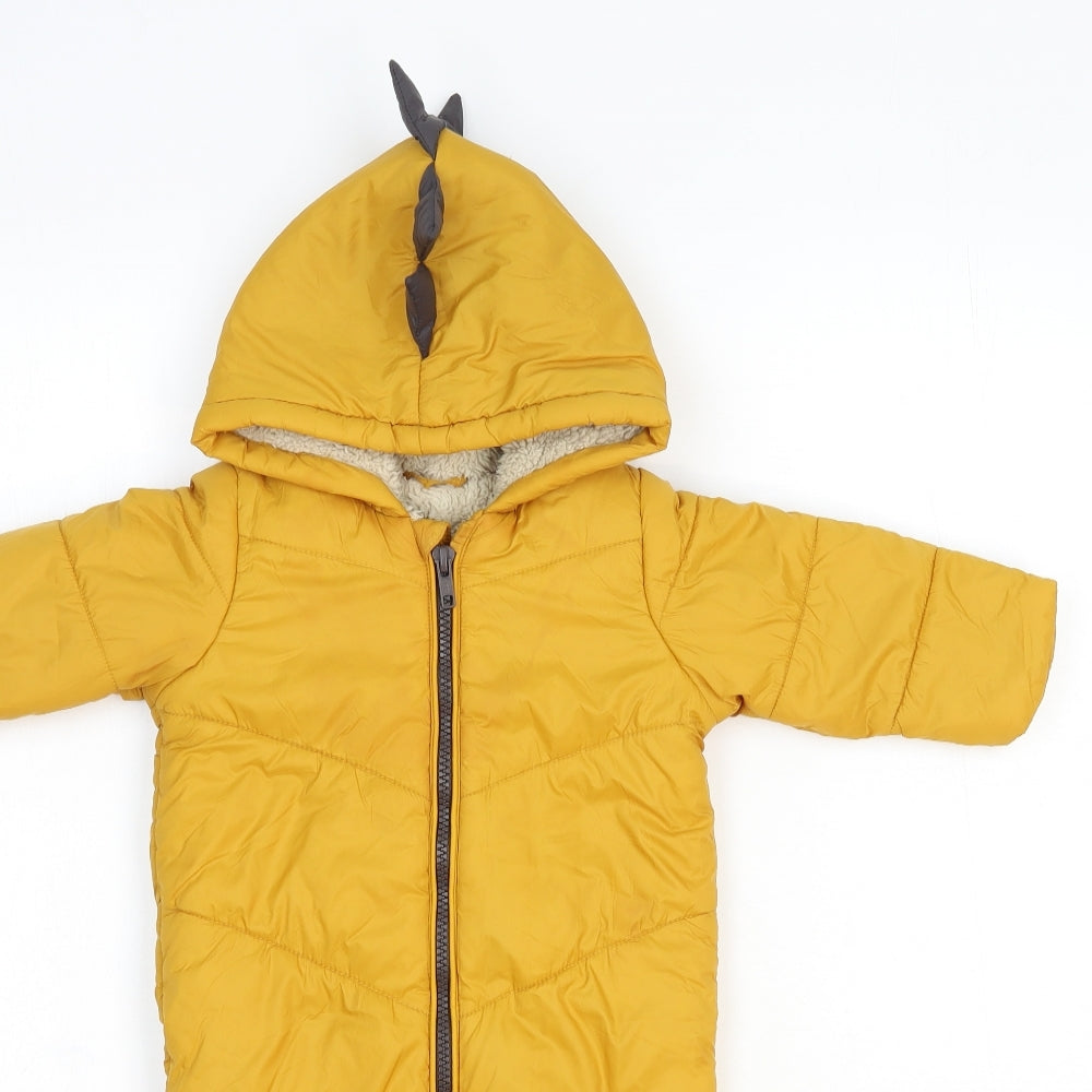 Preworn Boys Yellow Puffer Jacket Snowsuit Size 3-6 Months Zip - Dinosaur