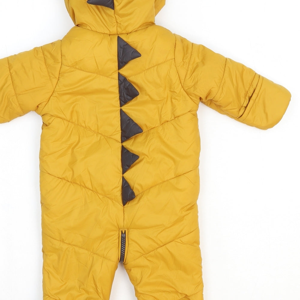 Preworn Boys Yellow Puffer Jacket Snowsuit Size 3-6 Months Zip - Dinosaur