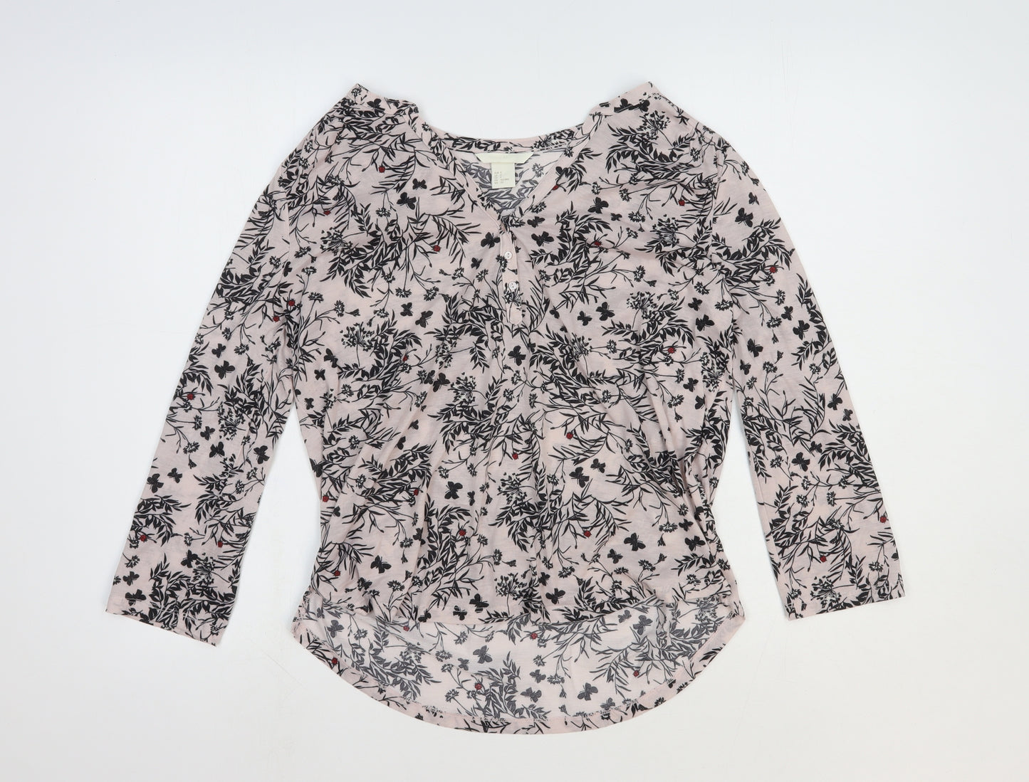 H&M Womens Pink Floral Polyester Basic T-Shirt Size 10 V-Neck