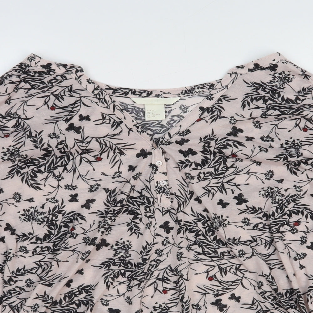 H&M Womens Pink Floral Polyester Basic T-Shirt Size 10 V-Neck