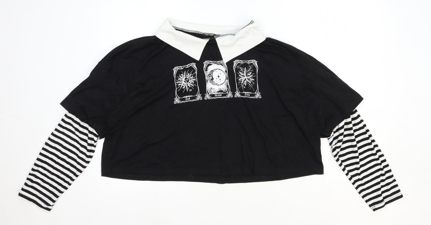 SheIn Womens Black Striped Cotton Basic T-Shirt Size 18 Collared