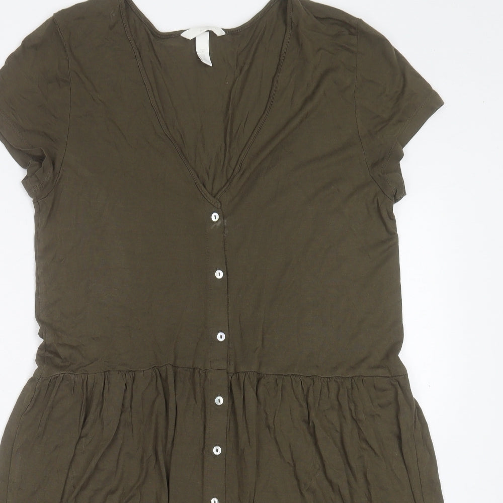 H&M Womens Green Viscose Fit & Flare Size M V-Neck Pullover