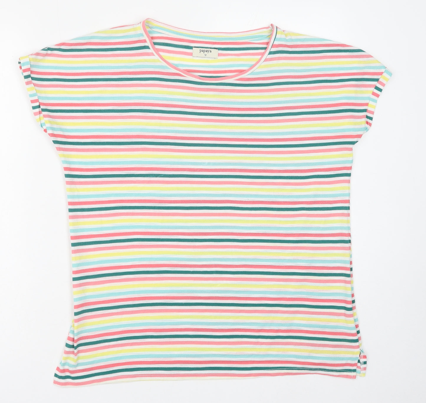 Papaya Womens Multicoloured Striped Polyester Basic T-Shirt Size 12 Round Neck