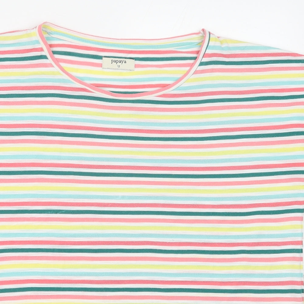 Papaya Womens Multicoloured Striped Polyester Basic T-Shirt Size 12 Round Neck