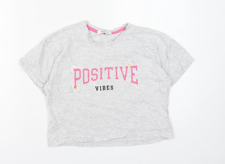 New Look Girls Grey Floral Cotton Cropped T-Shirt Size XS Round Neck Pullover - Positive Vibes