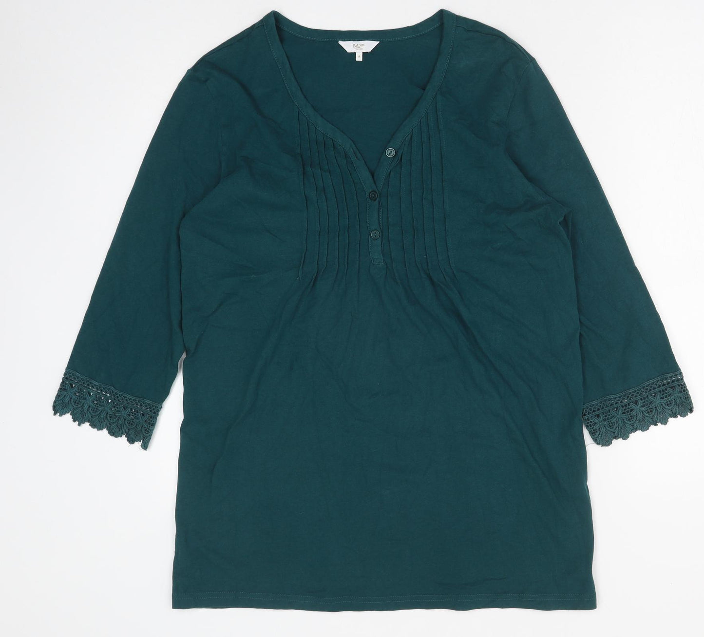 Cotton Traders Womens Green Cotton Basic Blouse Size 14 V-Neck
