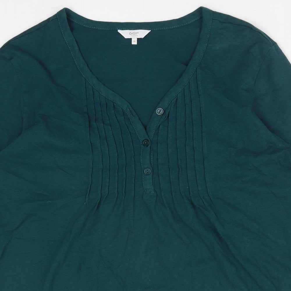 Cotton Traders Womens Green Cotton Basic Blouse Size 14 V-Neck