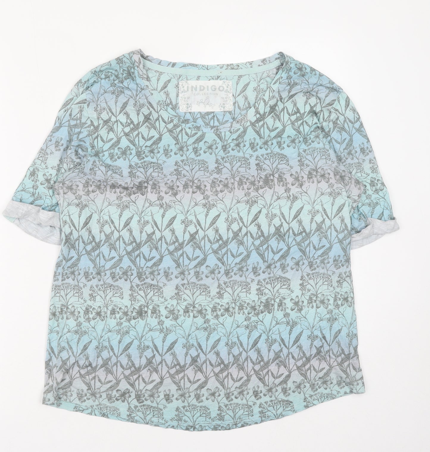 Marks and Spencer Womens Blue Floral Cotton Basic Blouse Size 14 Round Neck