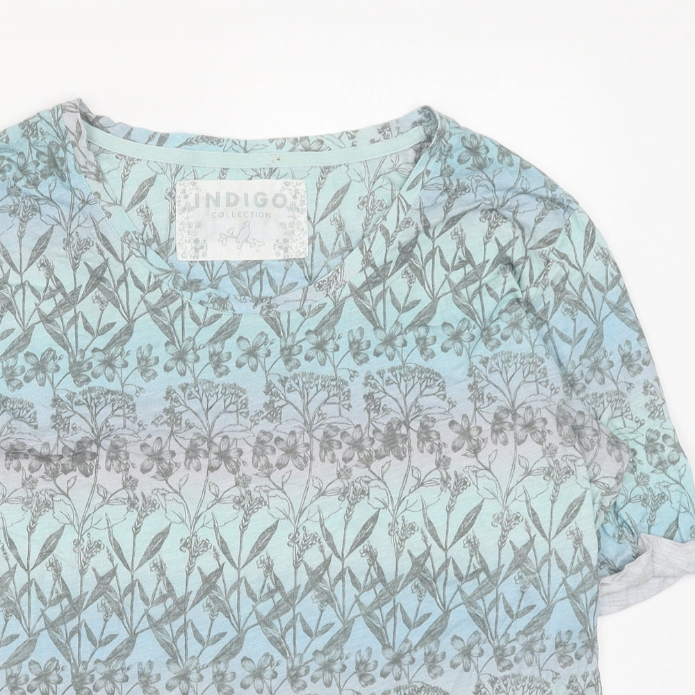 Marks and Spencer Womens Blue Floral Cotton Basic Blouse Size 14 Round Neck