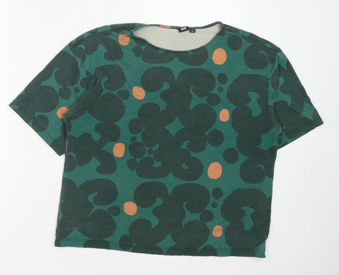 Uniqlo Womens Green Geometric Cotton Basic Blouse Size M Round Neck