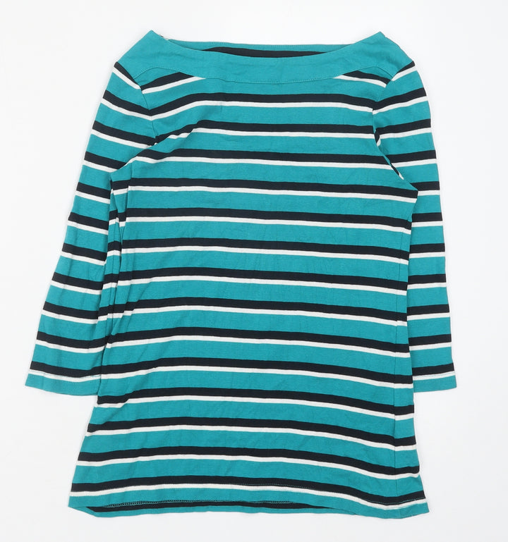 Peacocks Womens Blue Striped Cotton Basic Blouse Size 10 Scoop Neck