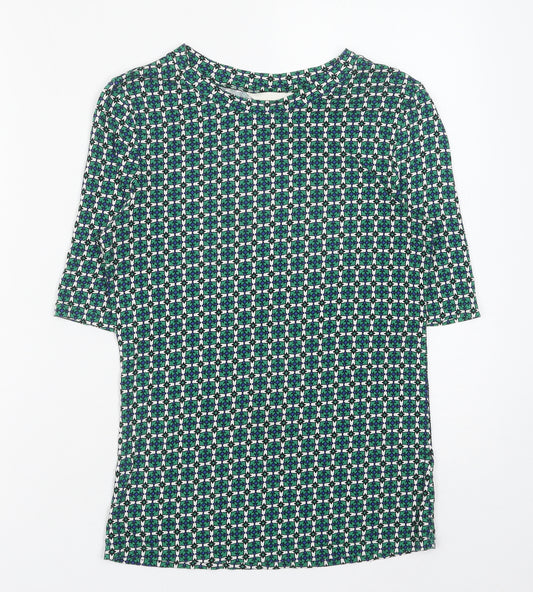Front view of H&M women’s green geometric viscose basic blouse, size S, round neck