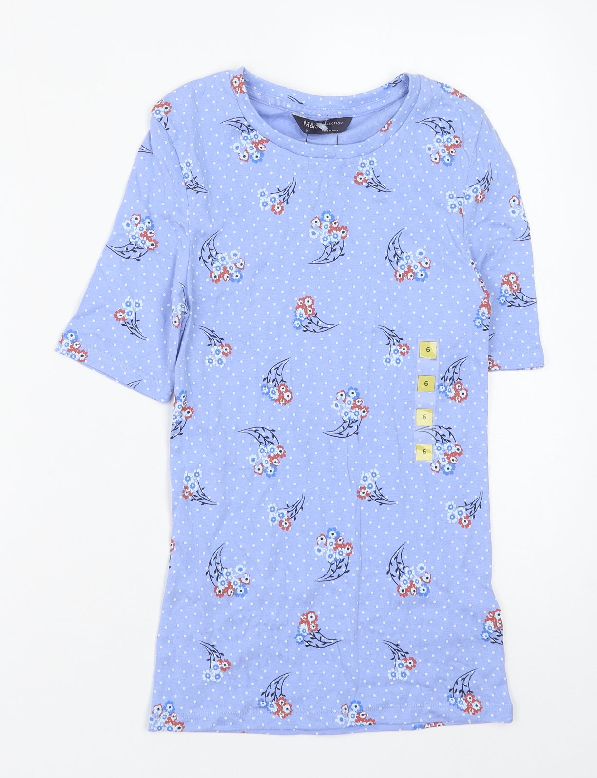 Marks and Spencer Womens Blue Polka Dot Cotton Basic Blouse Size 6 Round Neck - Flower Pattern