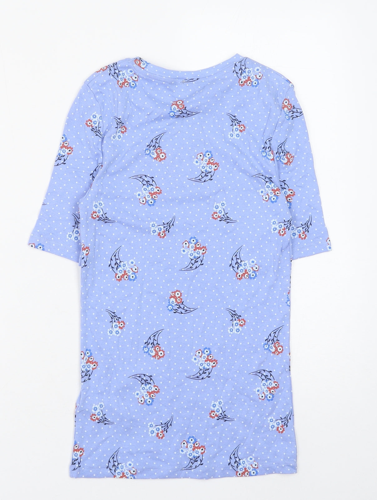 Marks and Spencer Womens Blue Polka Dot Cotton Basic Blouse Size 6 Round Neck - Flower Pattern