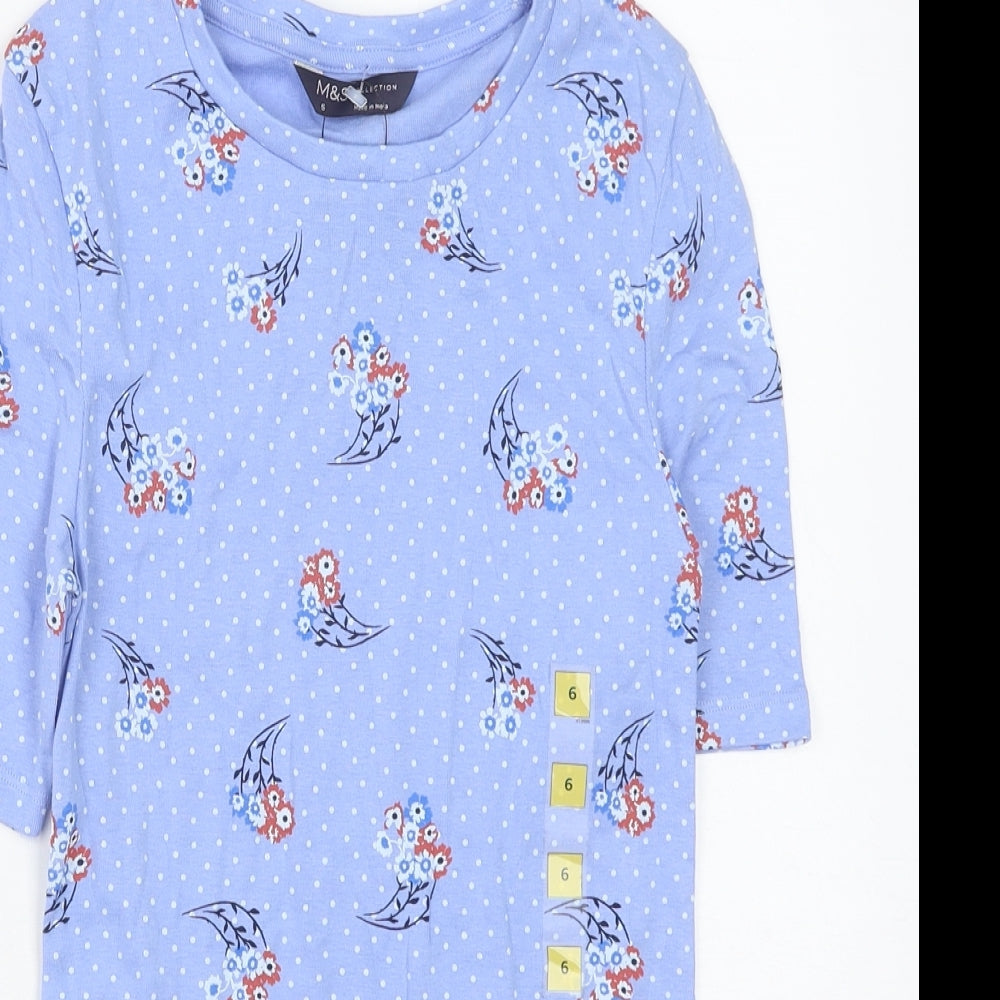 Marks and Spencer Womens Blue Polka Dot Cotton Basic Blouse Size 6 Round Neck - Flower Pattern