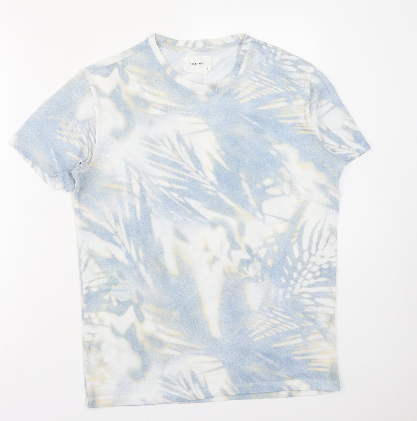 RESERVED Mens Blue Geometric Polyester T-Shirt Size S Round Neck