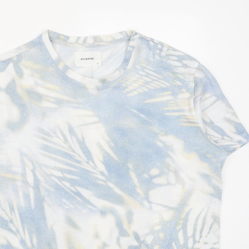 RESERVED Mens Blue Geometric Polyester T-Shirt Size S Round Neck