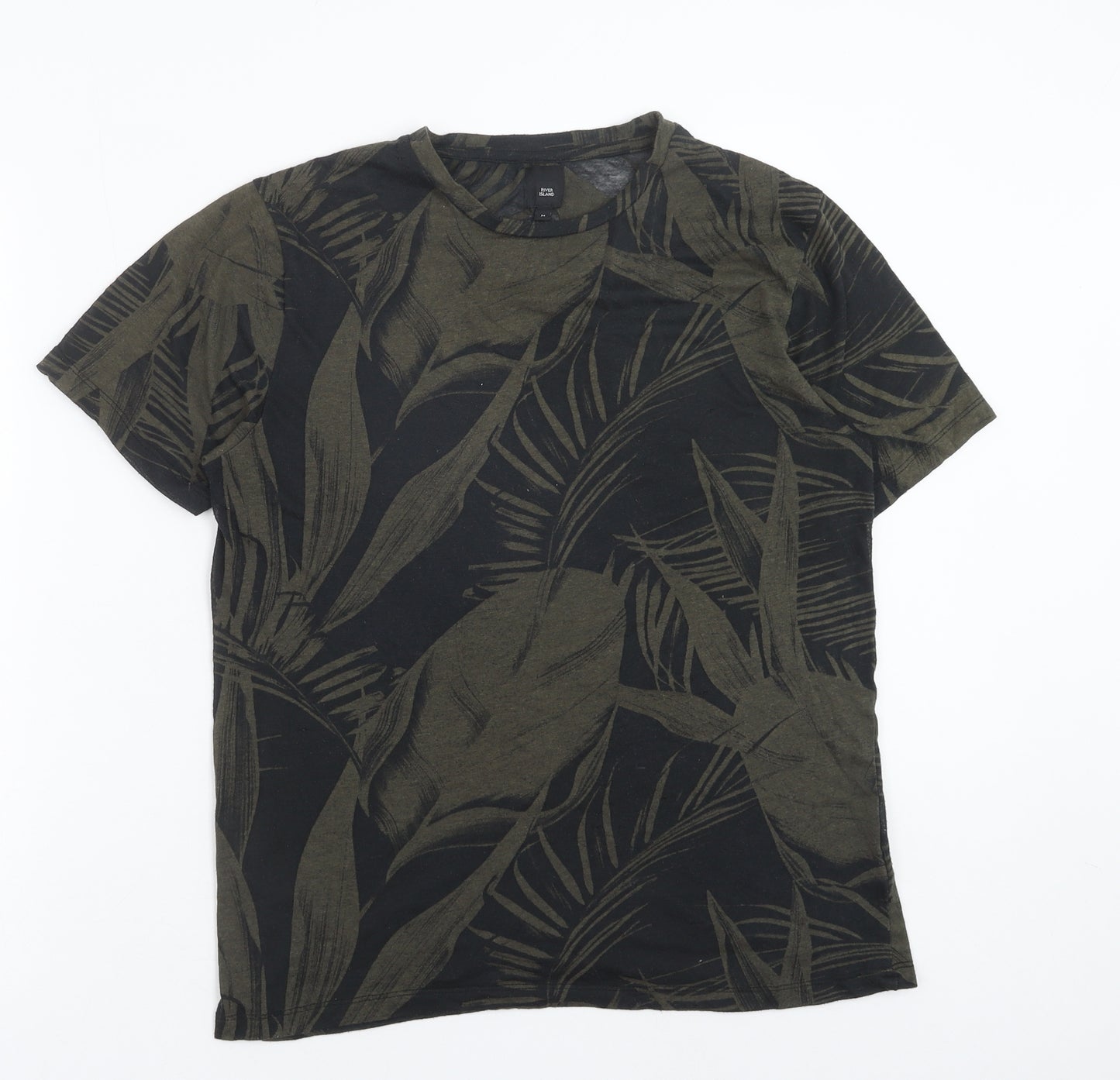 River Island Mens Green Geometric Polyester T-Shirt Size M Round Neck - Leaf Print