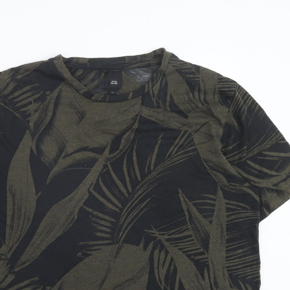 River Island Mens Green Geometric Polyester T-Shirt Size M Round Neck - Leaf Print