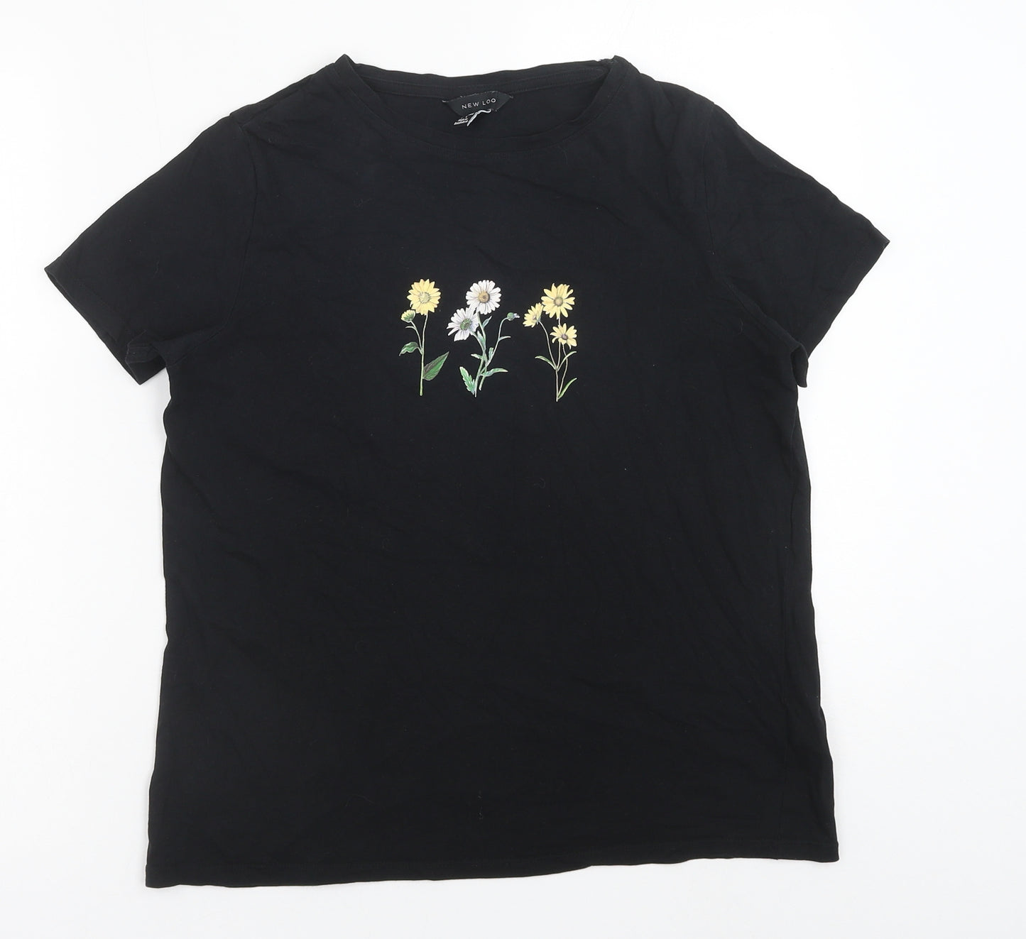 New Look Womens Black Polyester Basic T-Shirt Size 10 Crew Neck - Floral Detail
